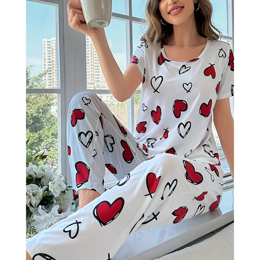 Casual Heart Print Two Piece Pajamas Set for Women Round Neck Short Sleeve Top & Long Pants Sets Sleepwear Summer Homewear