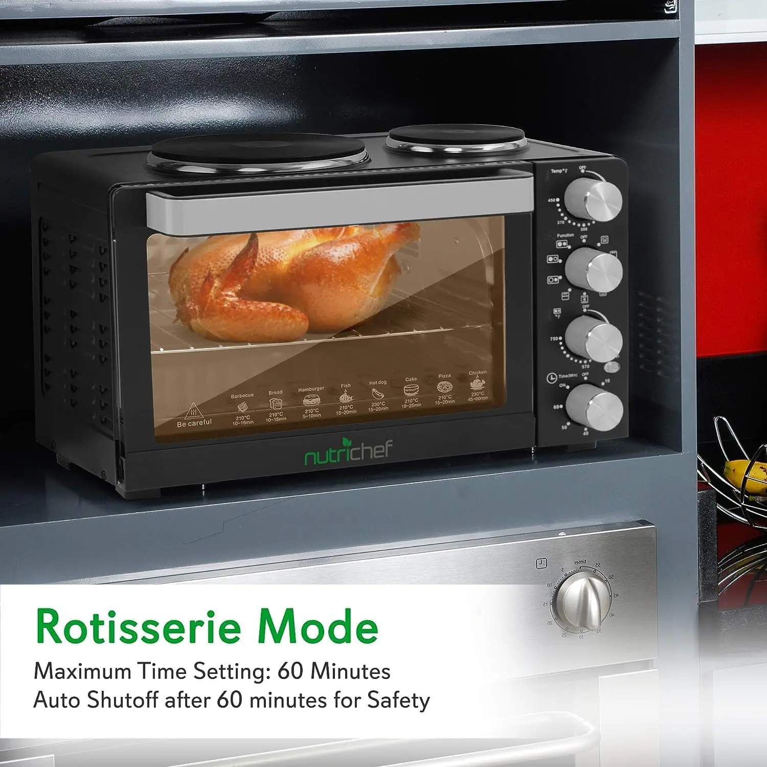 30 Quart Kitchen Convection Oven & 2 Burner Cooker - 1500 Watt Oven - 7 Cook Functions Rotisserie, Cook, Bake, Broil & 4