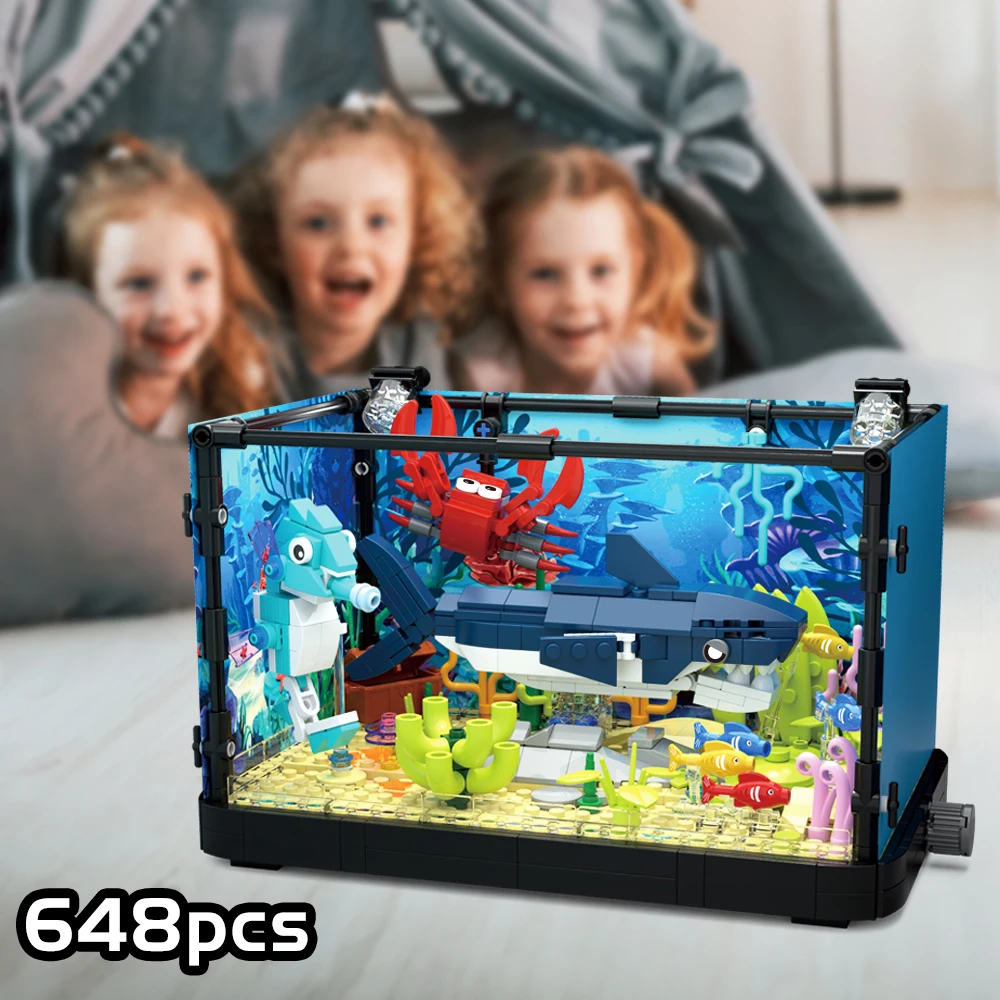 Fish Tank Building Kit with Lights, MOC Marine Aquarium Marine Animal Building Blocks Toys for Kids 6+, Bricks Toys Gifts 6