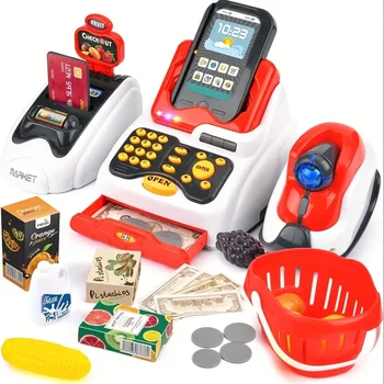 33PCS Toy Cash Register for Kids with Checkout Scanner Fruit Card Reader Credit Card Machine Play Money Food Shopping Play Set 1