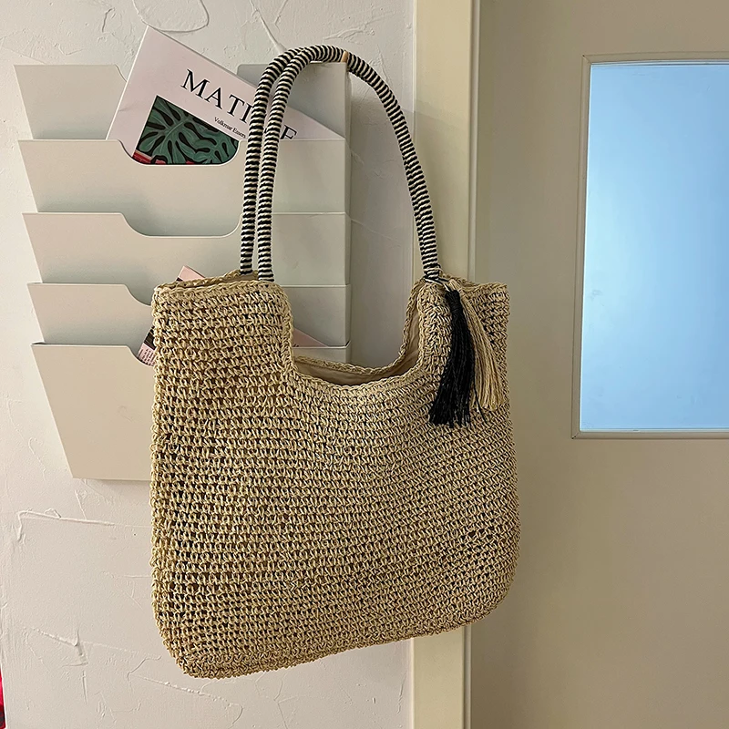thumbnail image 1 of Bolso de paja de verano para mujer, bolso de mano tejido a mano de gran capacidad, bolso de mano para mujer, bolso de playa para vacaciones, bolso de hombro de ratán, bolso de compras, 1 of 5