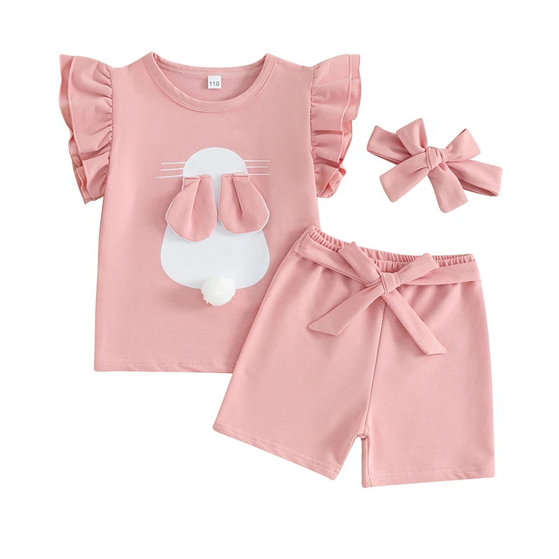 Pudcoco Kids Baby Girls Easter 3PCS Shorts Sets Flying Sleeve Bunny Print Tops Pink Shorts Headband Sets 3-7T