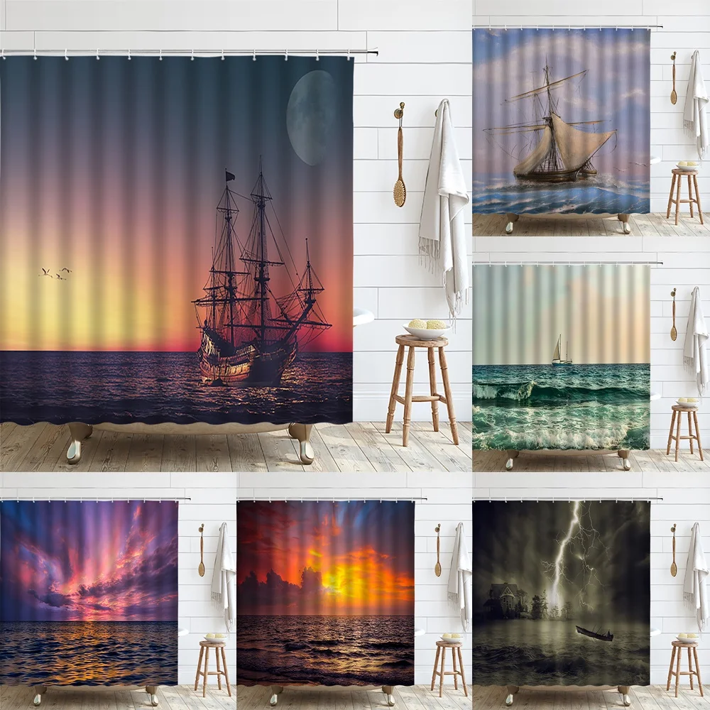 

Pirate Ship Shower Curtain Nautical Sailboat Sailing Ocean Sunset Sea Waves Sky Seagulls Bathroom Decor Bath Curtains with Hooks