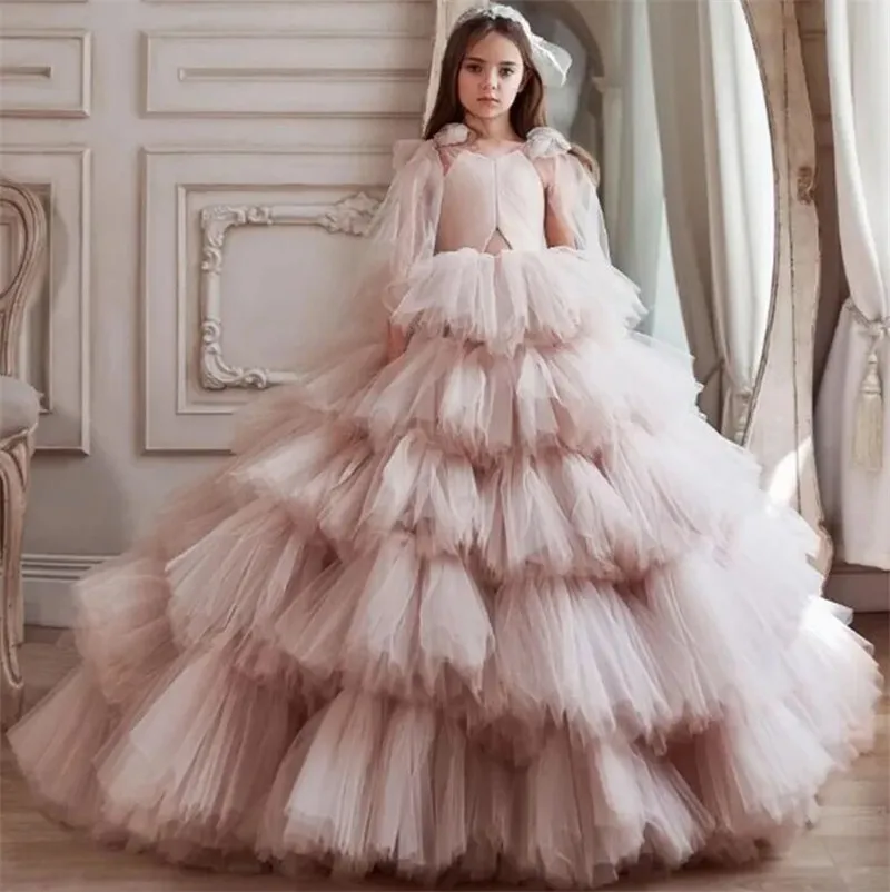 

Princess Flower Girl Dresses For Wedding Ruffles Tiered Tulle Princess Pageant Gowns Children First Communion Dress