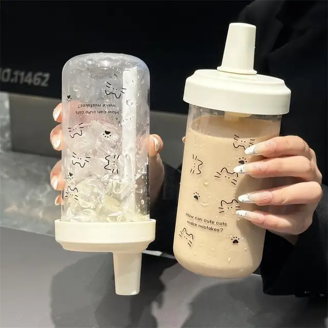 New Plastic Water Bottle For Girls With Straw Lid Bubble Milk Tea Plastic Cup Simple Outdoor School Straw Drinking Water Bottles