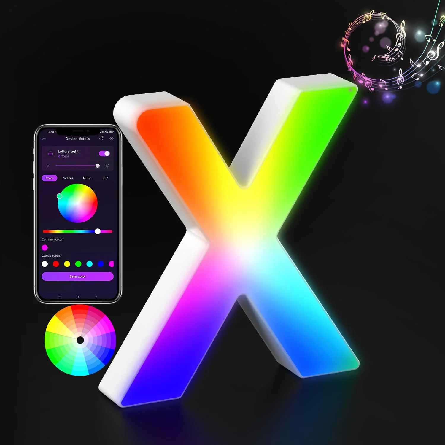Illuminated Glitter Alphabet LED Light with Color-Changing and Music Sync Features