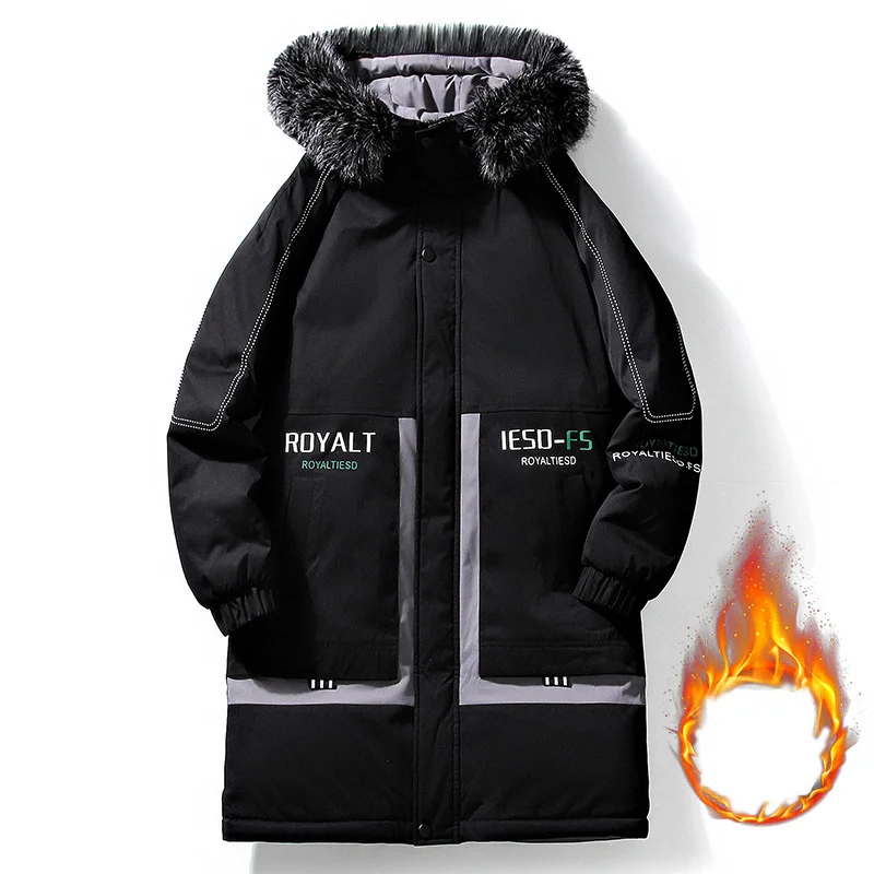 

2024 Winter Long Hooded Jacket Men's Korean Version Trend Cotton-padded Coats Teenagers Down Fur Collar Printed Coat Drop Ship