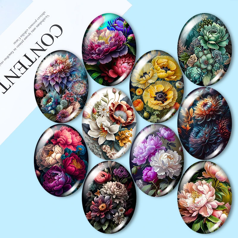 Elegant Gold & Black Floral Patterned Oval Glass Cabochons: Perfect for Crafting & Jewelry Making (10pcs)