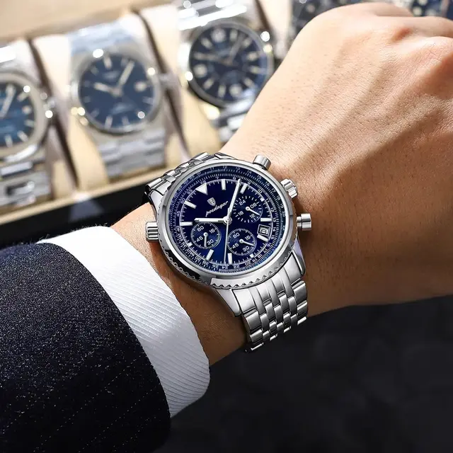 POEDAGAR homme d'affaires montre chronographe Date étanche lumineux montres pour hommes en acier inoxydable à la mode Quartz homme montre-bracelet + boîte 5