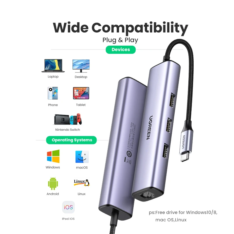 Ugreen Usb c Ethernet Hub Usb3.0 1000mbps Gigabit Placa de Rede para Computador Portátil Nintendo Switch Usb Ethernet Adaptador Usb para Rj45 Placas de rede - Imagem 6