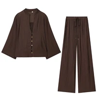 Autumn new women's loose and simple V-neck long sleeved shirt with elastic waist and wide leg pants set