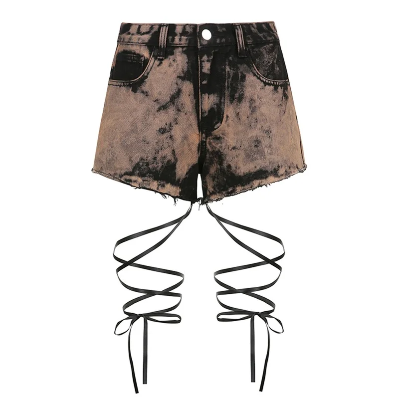 Lace Up Bandage Denim Shorts Gothic Punk Style Jean Bottoms Tie Dye Print Y2k Fashion Jeans Shorts for Women Summer Streetwear