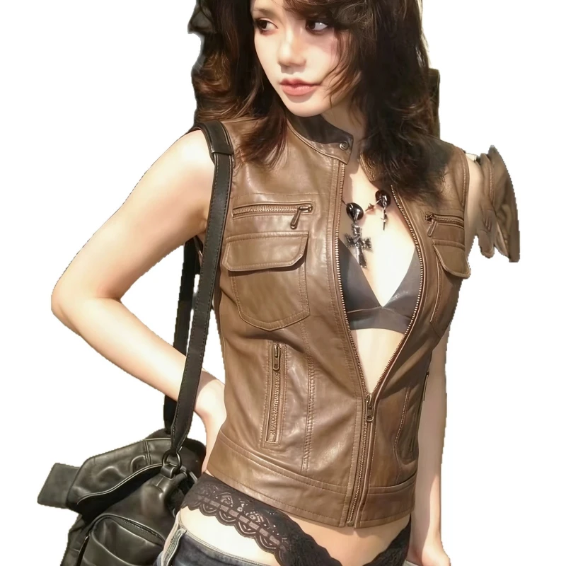 2026 신상 유럽 및 미국 여성용 레트로 솔리드 컬러 인조가죽 조끼 Y2K 슬리..