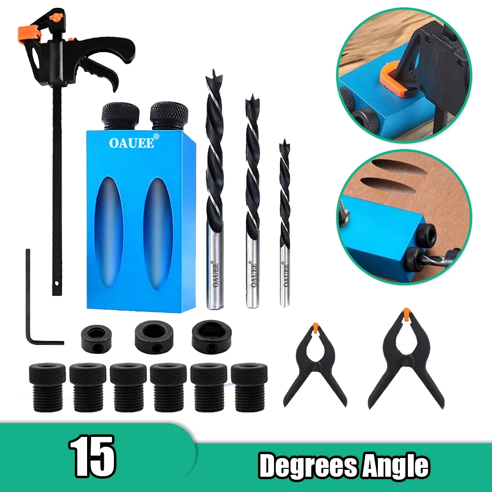 PocketHoleScrewJig15DegreesDowelDrillBitsJoineryJigKit