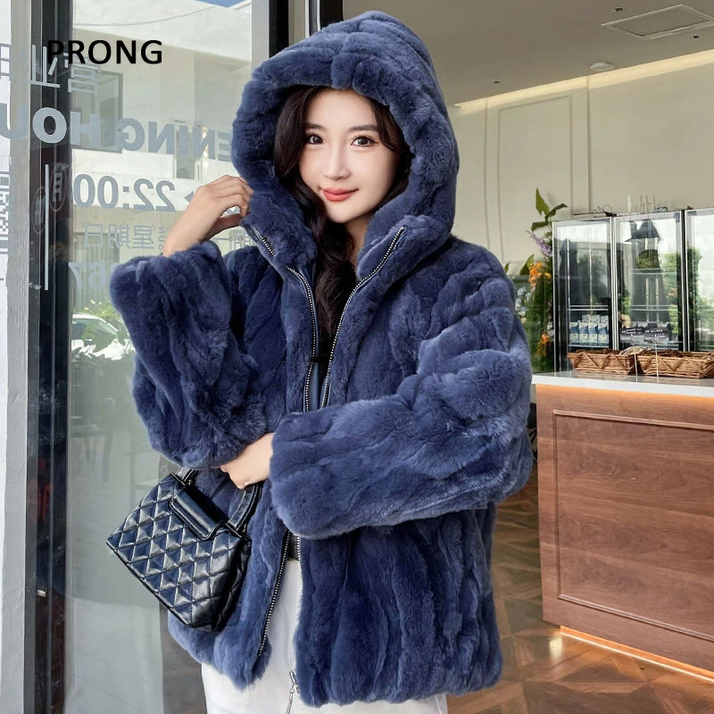 100% Real Rabbit Fur Coat Women Winter Loose Hooded Zipper Natural