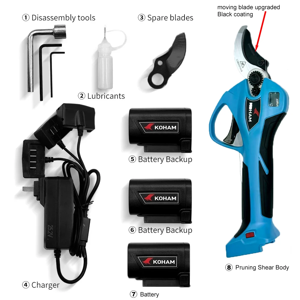 KOHAM 25.2V Electric Pruning Shears Progressive Function Branch Cutter Tree Pruner 40mm SK5 Scissors with 3 Batteries for Garden 5