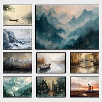 Paesaggio vintage tela da parete arte mulino a vento olio piattaforma tramonto montagna stampa paesaggio costero pittura fattoria soggiorno arredamento