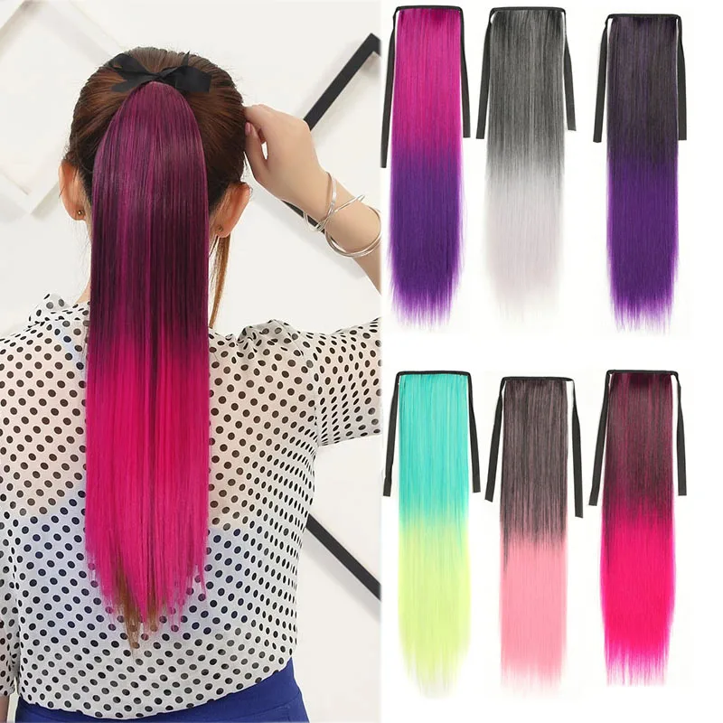 Jeedou Straight Synthetic Ponytail Blue Pink Red Rainbow Ombre Color Ribbon Drawstring Ponytail Vitality Cosplay Hair