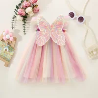 Summer Girls' Princess Party Birthday Dress Back Bow Wings Fairy Strap Embroidered Butterfly Mesh Dress Rainbow Baby Clothes 1