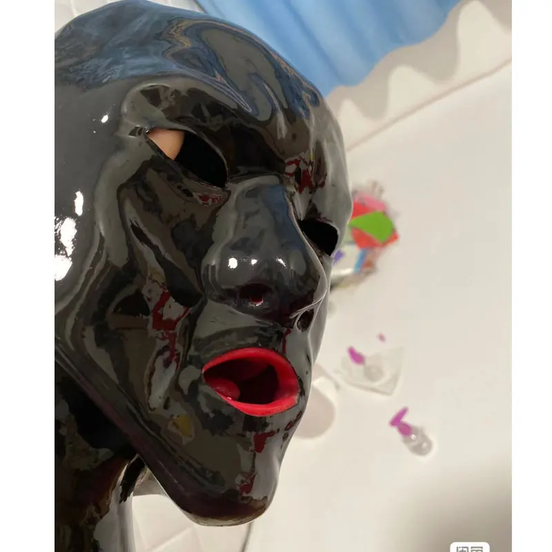 

One time molding Seamless 3D Latex Hood Fetish Long Nose Tube Red Teeth Gag Rubber Mask 0.8 1.0 1.5 2.0 thickness optional