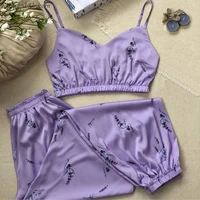 Women Silk Satin Pajamas Set V-neck Sleeveless Top Sleepwear Nightwear Sexy Lavender Print Pijamas Homewear Clothes Loungewear - Image 2