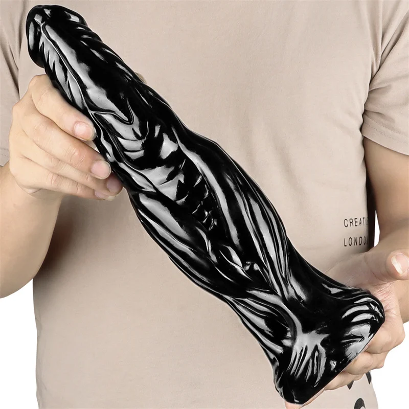Dildo Texturizado Grande Plug 30CM Silicone Preto Com Ventosa