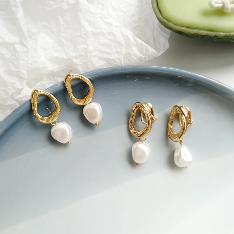 Korea Simple Personality Irregular Geometric Clip Earrings Fashion Temperament Imitation Pearl Jewelry Girl Women's Accessories