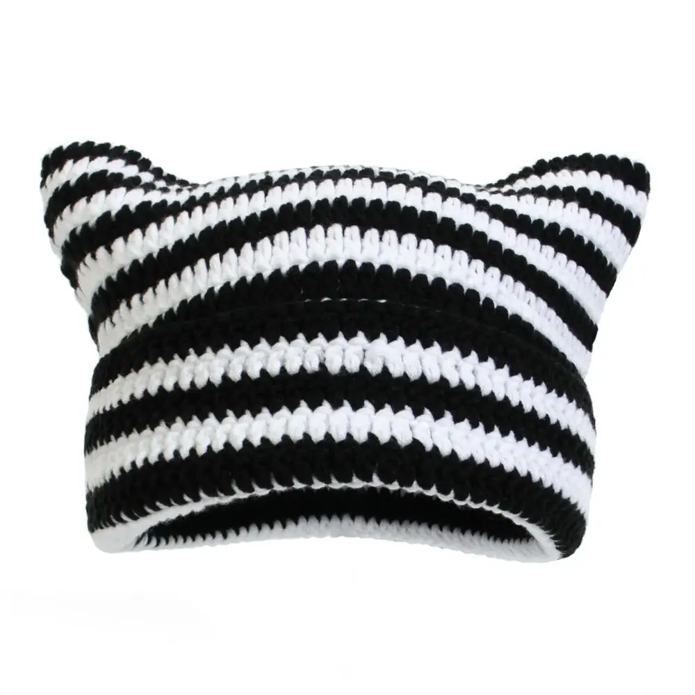 Süße Katzenohren japanische Beanie Mütze Y2K Harajuku Punk Gothic Ins kleiner Teufel gestreifte Mütze warm halten Unisex Skullies Cap Frauen – Detail 8
