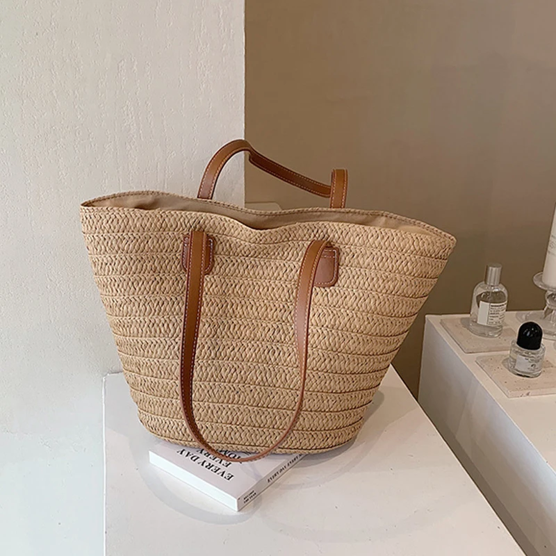 Bolsa de ombro de grande capacidade para mulheres, bolsa de cesta tecida palha, moda luxuosa feminina, bolsa de praia, bolsa Bana Shopper, verão