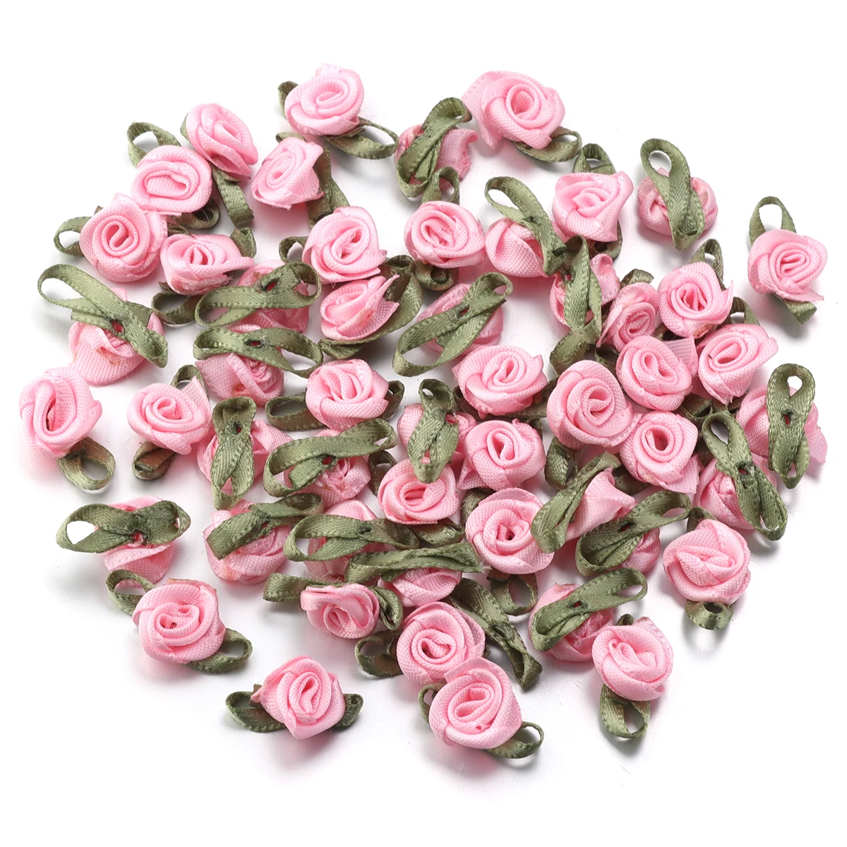 50-Piece Set: Vibrant Ribbon Rose Rosettes with Leaf Fabric Flowers