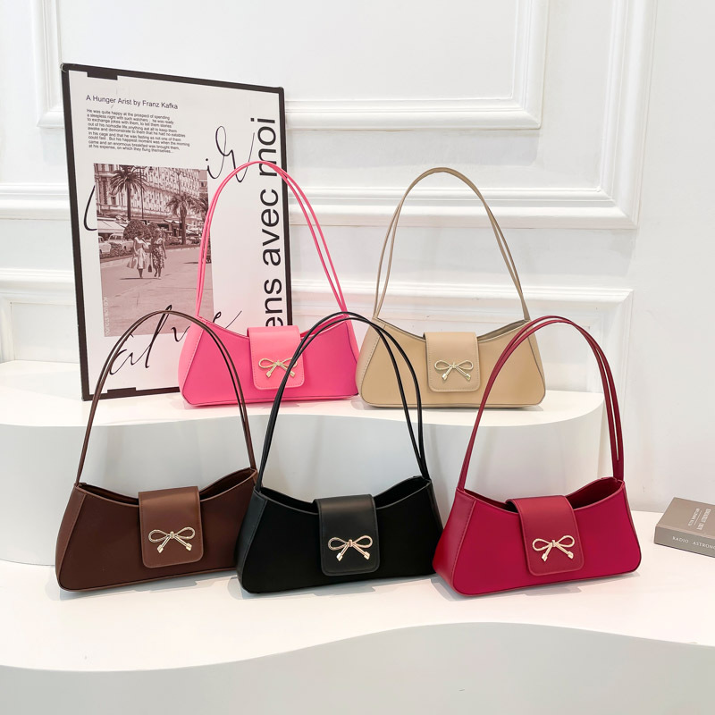 2025 Early Spring Vintage Bow Handbag Women PU Leather Shoulder Bag Elegant Underarm Tote Simple Crossbody Bag