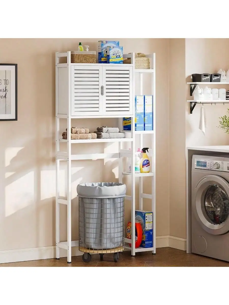 Over The Toilet Storage Bamboo Over-The-Toilet Cabinet with Shelf and Waterproof Feet Pad Space Saver Storage Rack for B 3