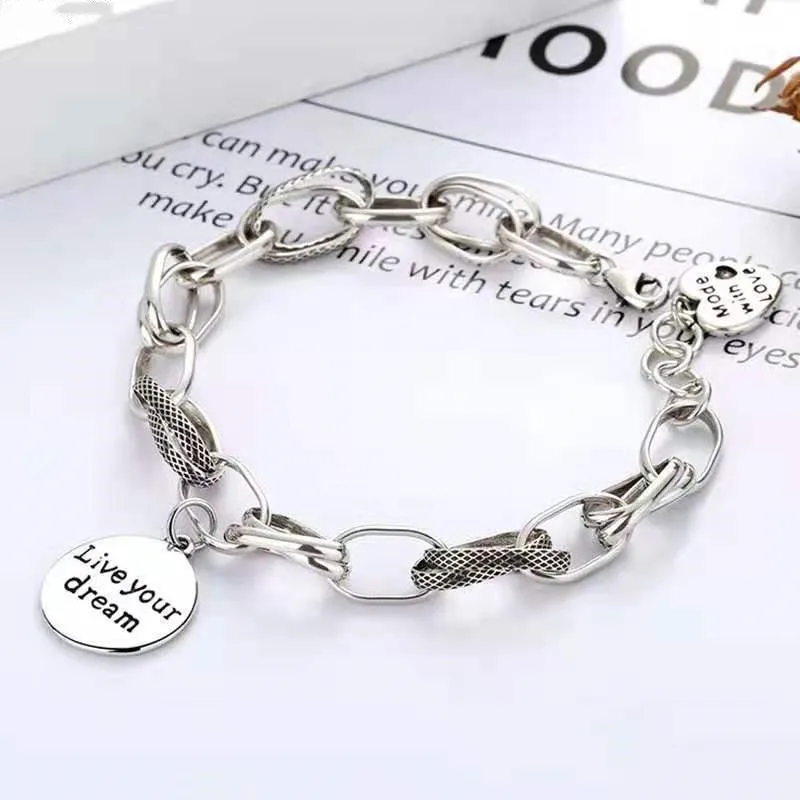 Retro Thai Silver Round Letter Pendant Bracelets for Men Women Hip Hop Thick Heart Charm Chain Party Jewelry Couple Gifts