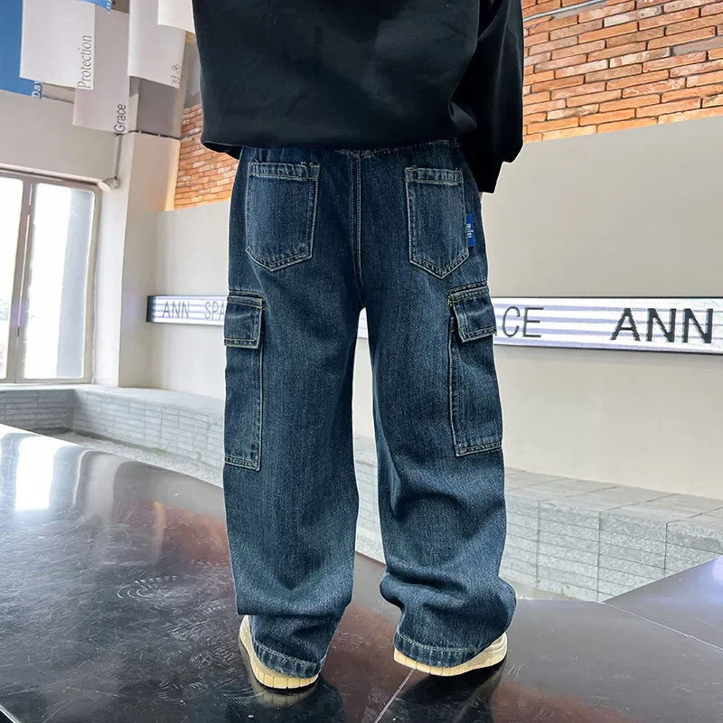 Jesienne nowe dziecięce dżinsy robocze koreańskie spodnie na co dzień chłopięce wysokiej jakości chłopięce spodnie chłopcy jeansy niebieskie jeansy