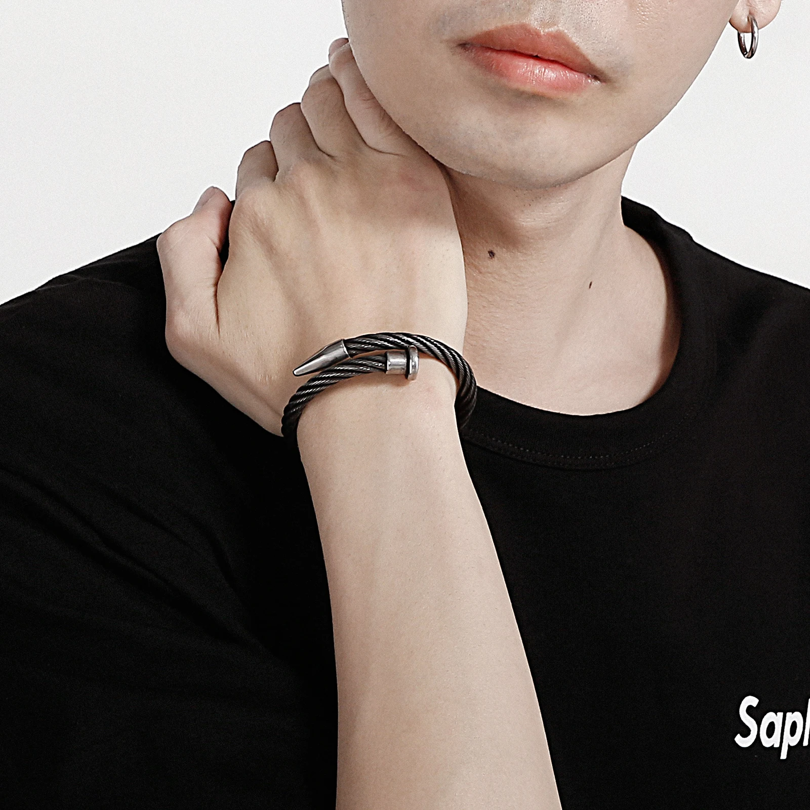 Fongten Punk Stainless Steel Wire Bangle For Men Nail Buckle Trendy Hip Hop Minimalist Male Jewelry Birthday Gift Wholesale 2