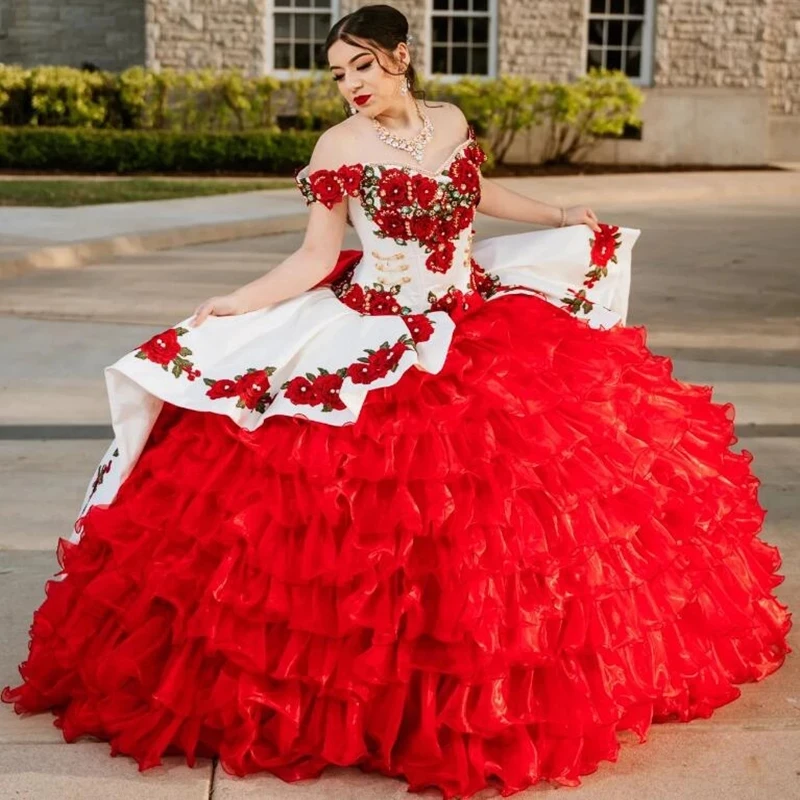 Custom Made Sweet 15 Dress HFAGEMV Velvet Organza Tiered Gold Embroidered  Off Shoulder Mexican Quinceanera Dresses Ball Gown Puffy Black/Champagne 2  Gold Embroidery Dress