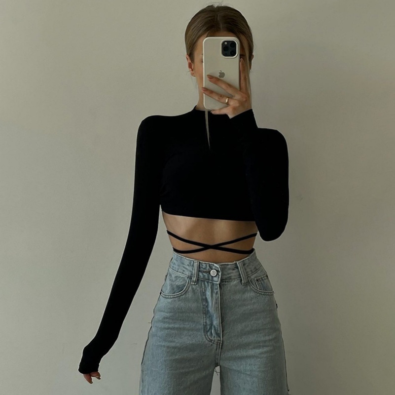 Sexy Lace Up Long Sleeve Crop Tops Fashion Women Backless O-Neck Slim Fit Black Solid T-Shirts Casual Streetwear Hot Girl Tees