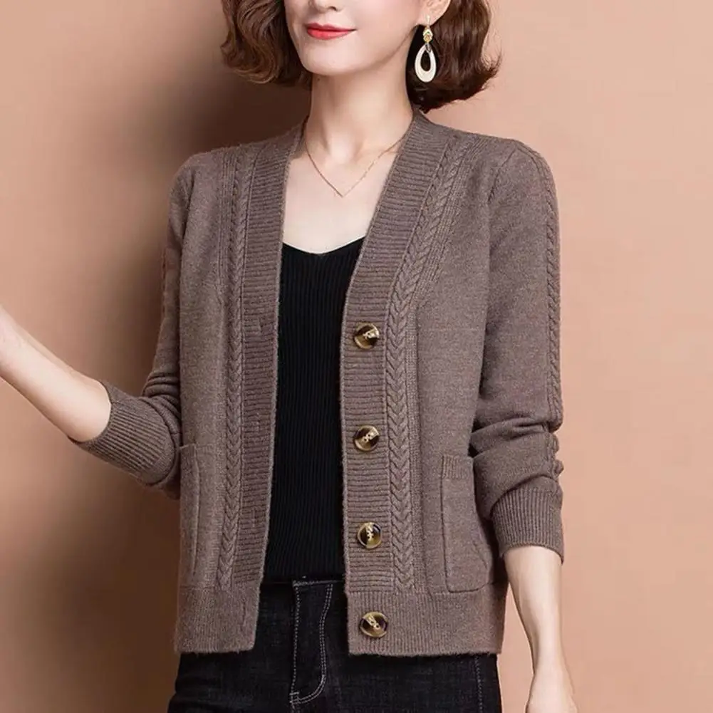 

Soft Warm Cardigan Chic Middle-age Women's Knitted Cardigans V-neck Button Closure Solid Color Long Sleeves for Spring Autumn