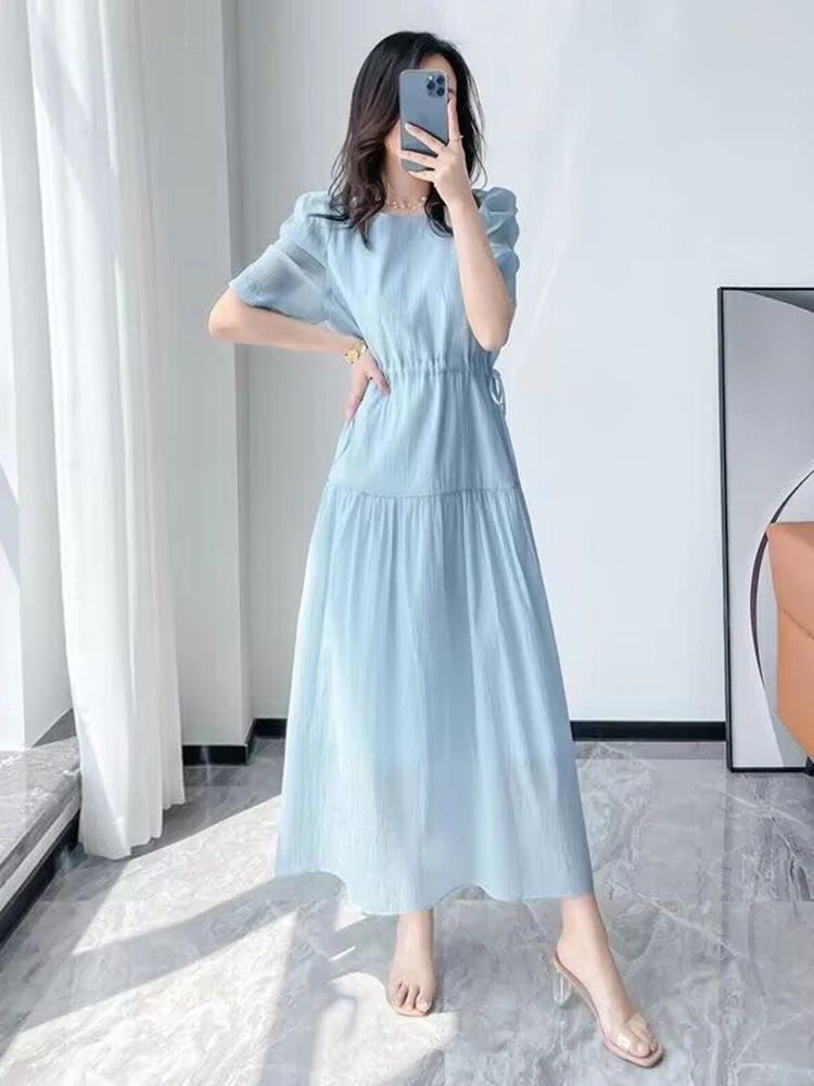 Women Dress Elegant Women Blue Dresses New Drawstring Slim Waist Short Sleeve Summer Dress Korea Fashion Solid color Chiffon Long Dress