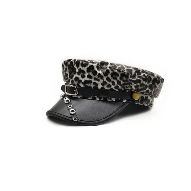Korean Version New Original Spicy Girl Leopard Print Rivet Leather Buckle Flat Top Hat Subculture Leather Newsboy Hat