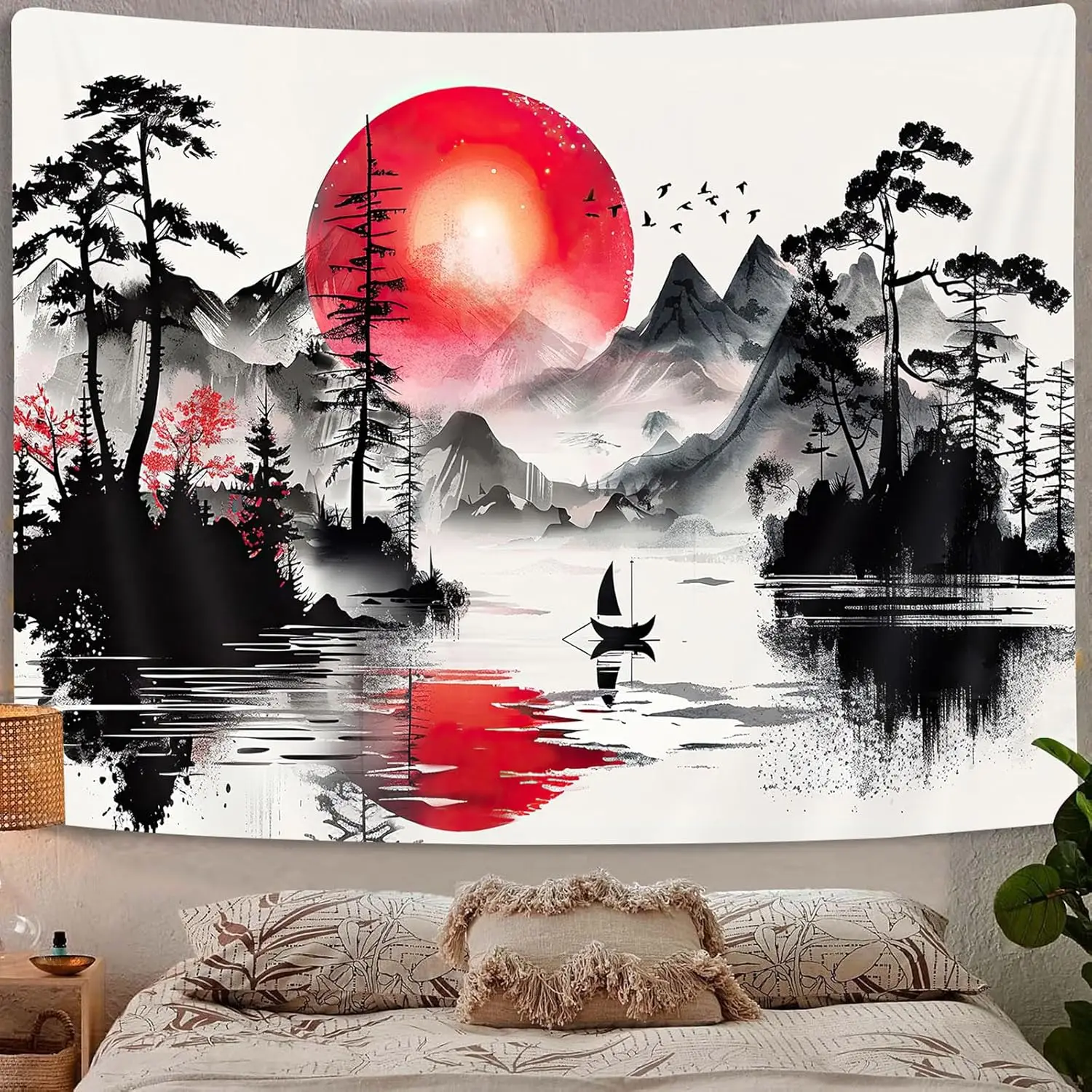 Red Black Forest Tapestry Anime Mountain Tree Sun Beautiful Tapestry Wall Hanging Living Room University Dormitory Decoration