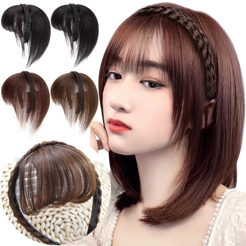 

Invisible Natural Braid Headband Bangs Synthetic Bangs Hair Extension Fake Fringe Natural Hair Clip on Hairpieces for Women