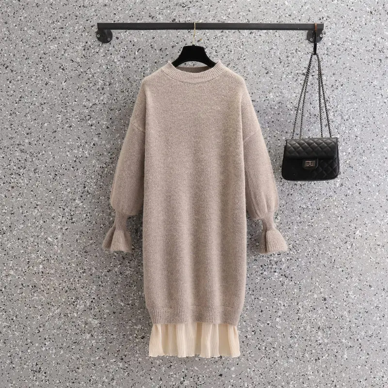 

Oversized Women's Loose Fake Two Piece Chiffon Splice Sweater Dress Spring Autumn Long Sleeve Casual Knitted Pullover Dress 1715
