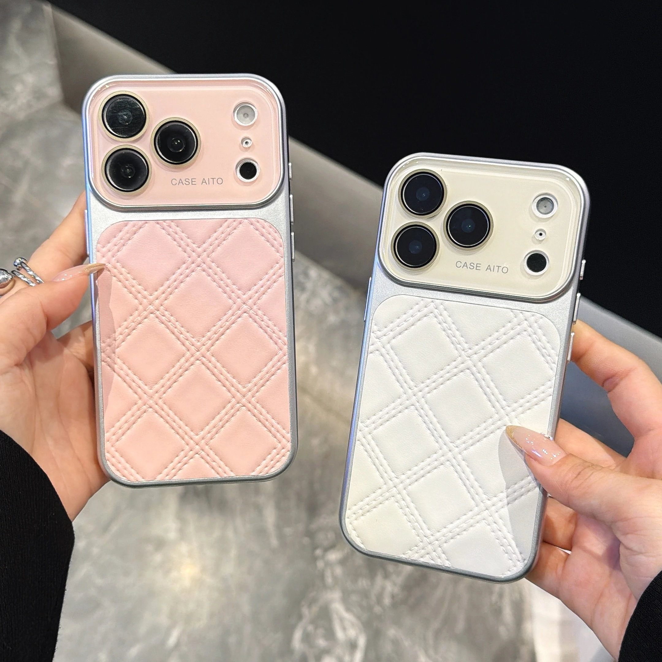 Luxury Large Window Diamond Grid PU Leather Phone Case with Glass Lens Protection Cover