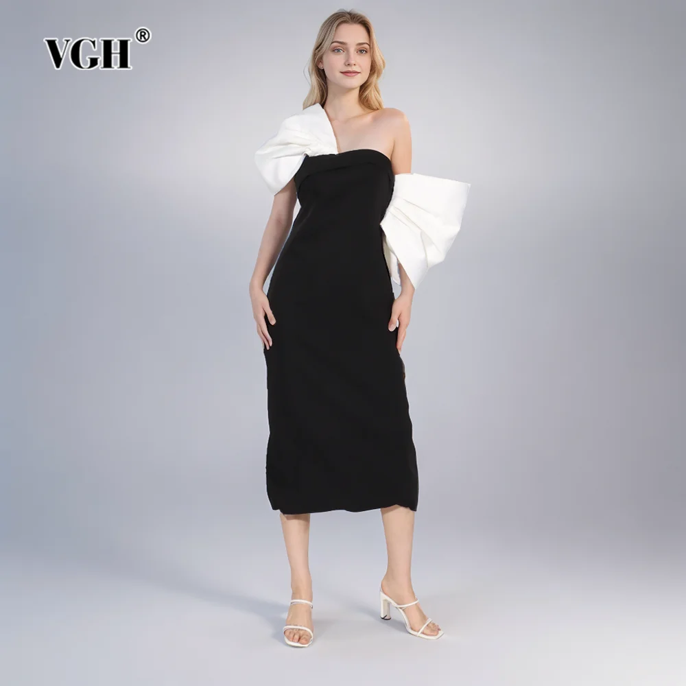 

VGH Hit Color Slimming Dresses For Women Strapless Off Shoulder Sleeve Backless High Waist Spliced Bowknot Dress Female Fashion