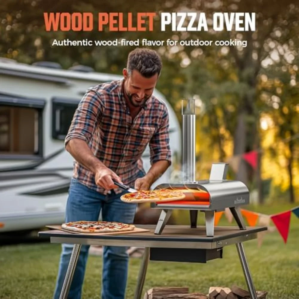 Dual Fuel Pizza Oven - Electric and Wood Pellet, High-Temperature Indoor and Outdoor Pizza Maker with Pizza Stone, 1000°F