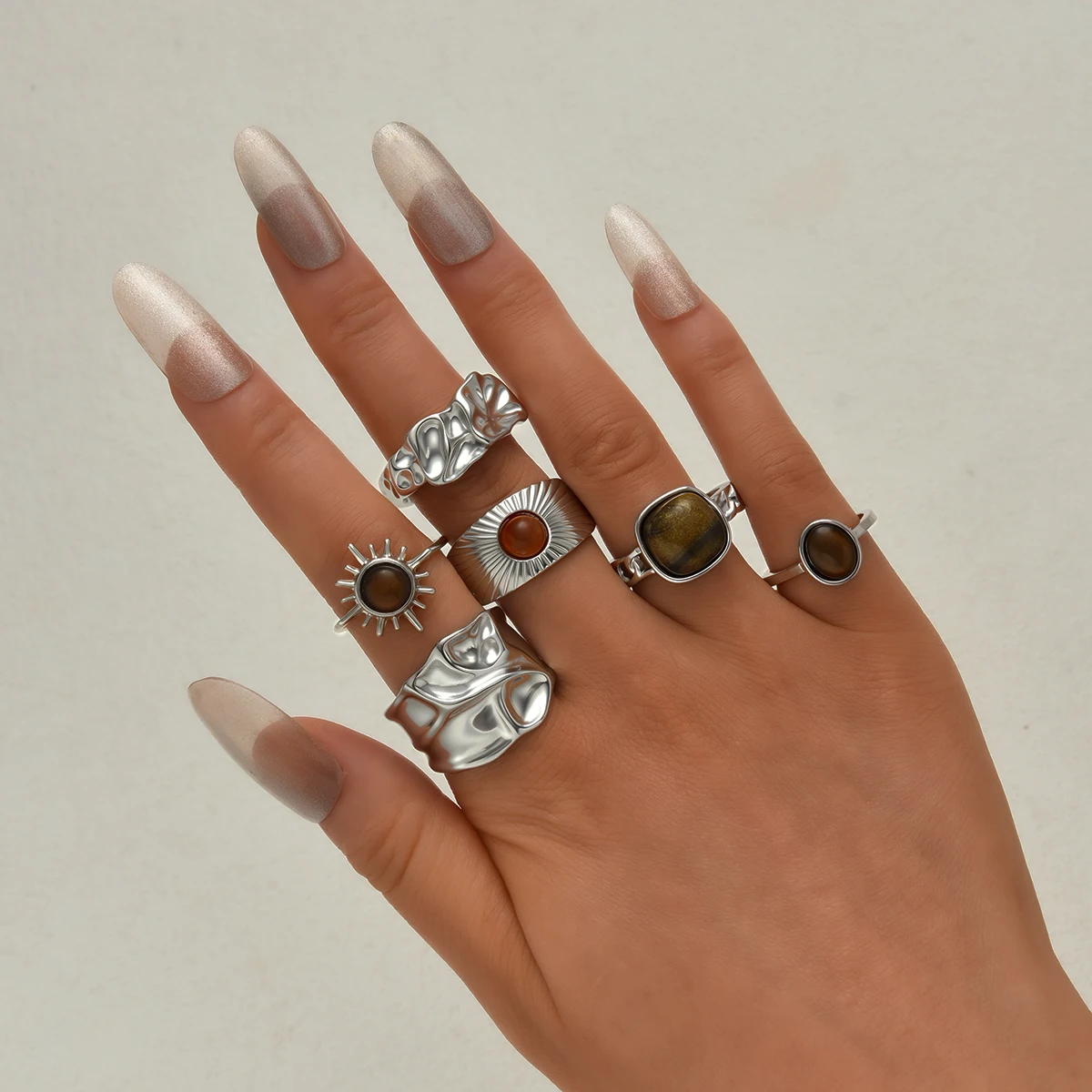 6 stücke Vintage Französisch Minimalistischen Metall Ringe Set Mode Tigerauge Stein Asymmetrische Knuckle Ring Für Frauen Täglichen Verschleiß Schmuck – Detail 1
