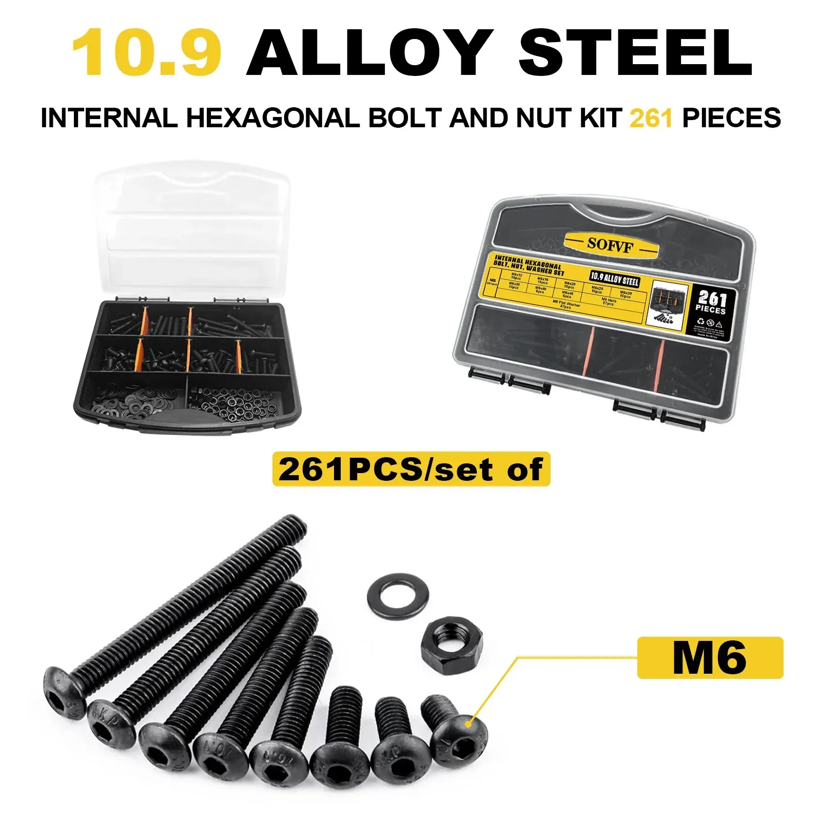 261PCs Push-Button Hex Screw & Accessory Sorting Kit-Black Oxide Finish, Allen Drive, Ideal for Woodworking & Bicycle Repair