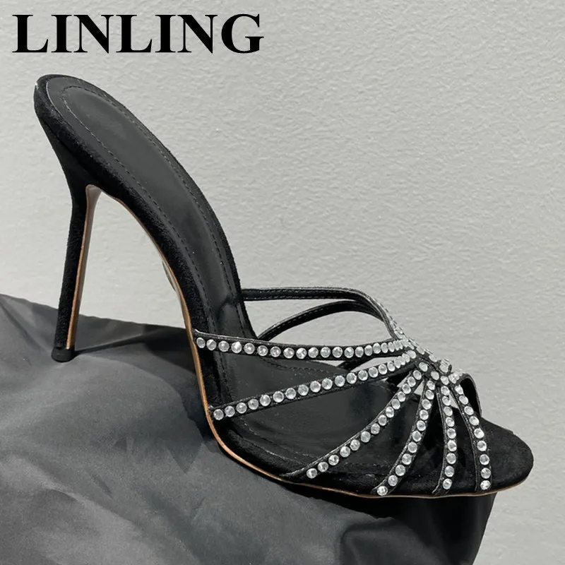 

2023 New High Heel Fashion Ladies Rhinestone Slippers Designer Crystal Strap Party Womens Shoes Summer Peep Toe Slip On Sandals