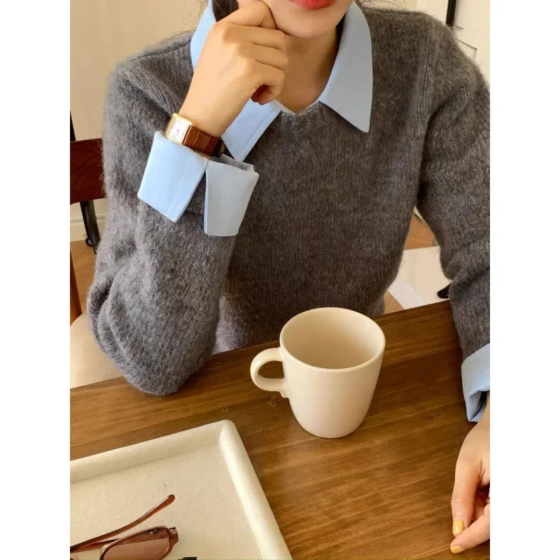 Fake Two-Patchwork Lapel Knit Top